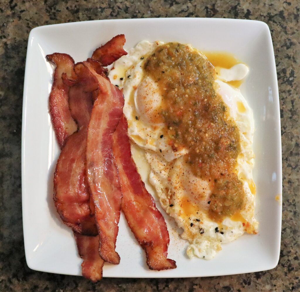 Salsa Verde over Eggs with Bacon