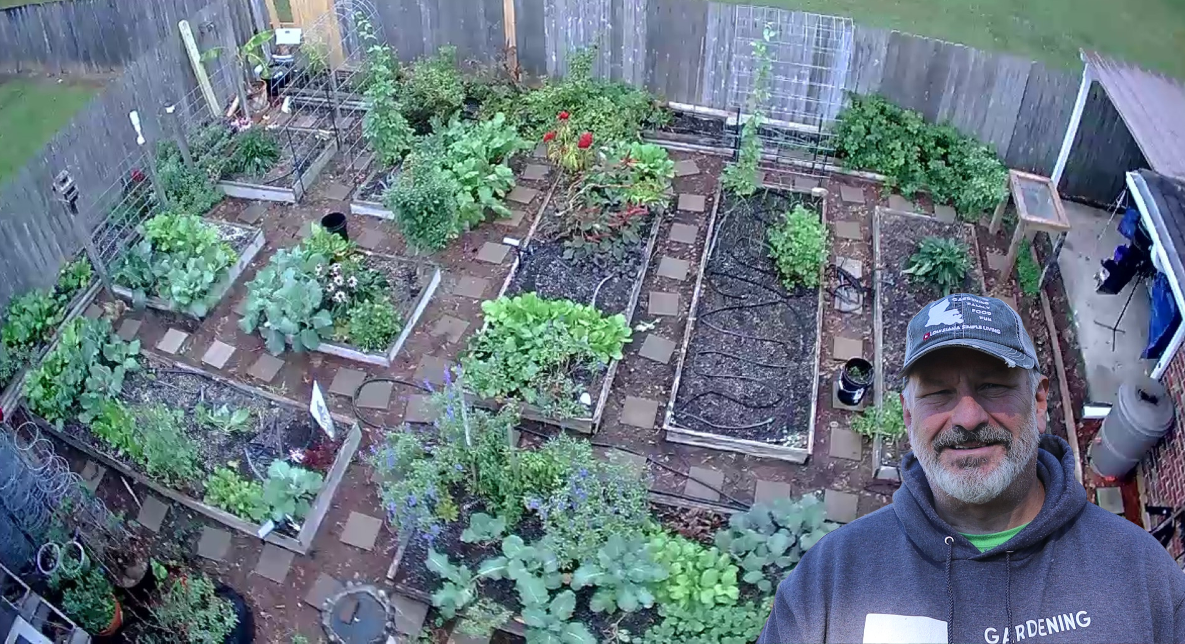 Drone overhead shot of Backyard Organic Raised Bed Garden