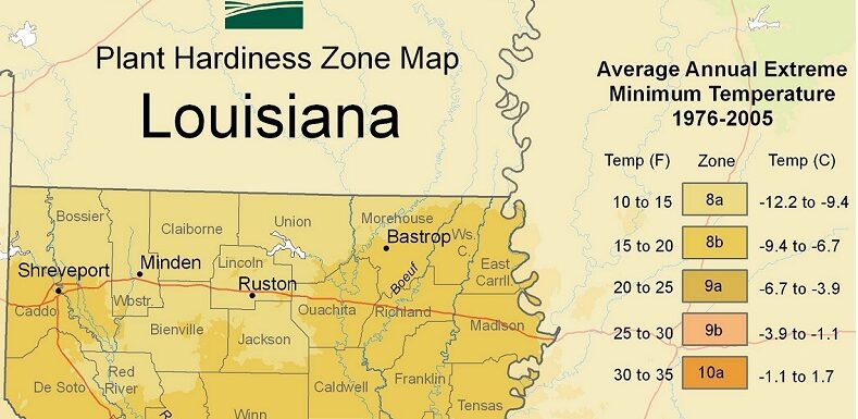 USDA Plant Hardiness Zones in Louisiana
