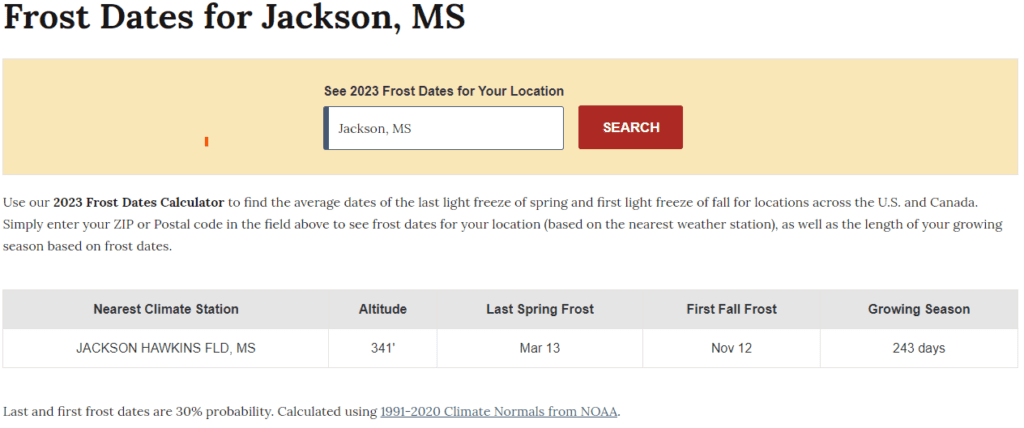 Farmer's Almanac - Jackson, MS - First and Last Frost/Freeze Dates