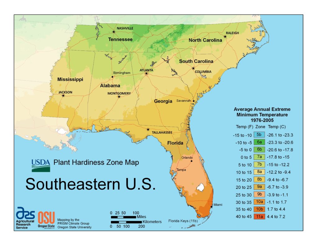 USDA Plant Hardiness Zones - Southeast Region